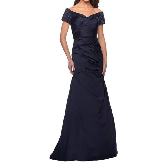 La Femme 25996 Navy Off the Shoulder Beaded Satin Trumpet Formal NWT Sz10 $599 - Picture 3 of 6